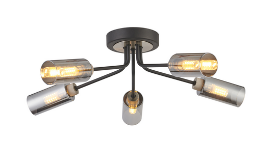 Holly Flush 5 Light Ceiling Fitting With Smoked Tubular Glass Shades