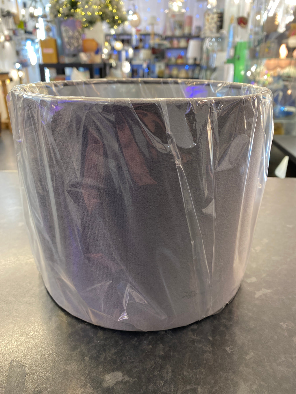 STOCK CLEARANCE - Grey Velvet Drum Shade with Silver inner 20cm