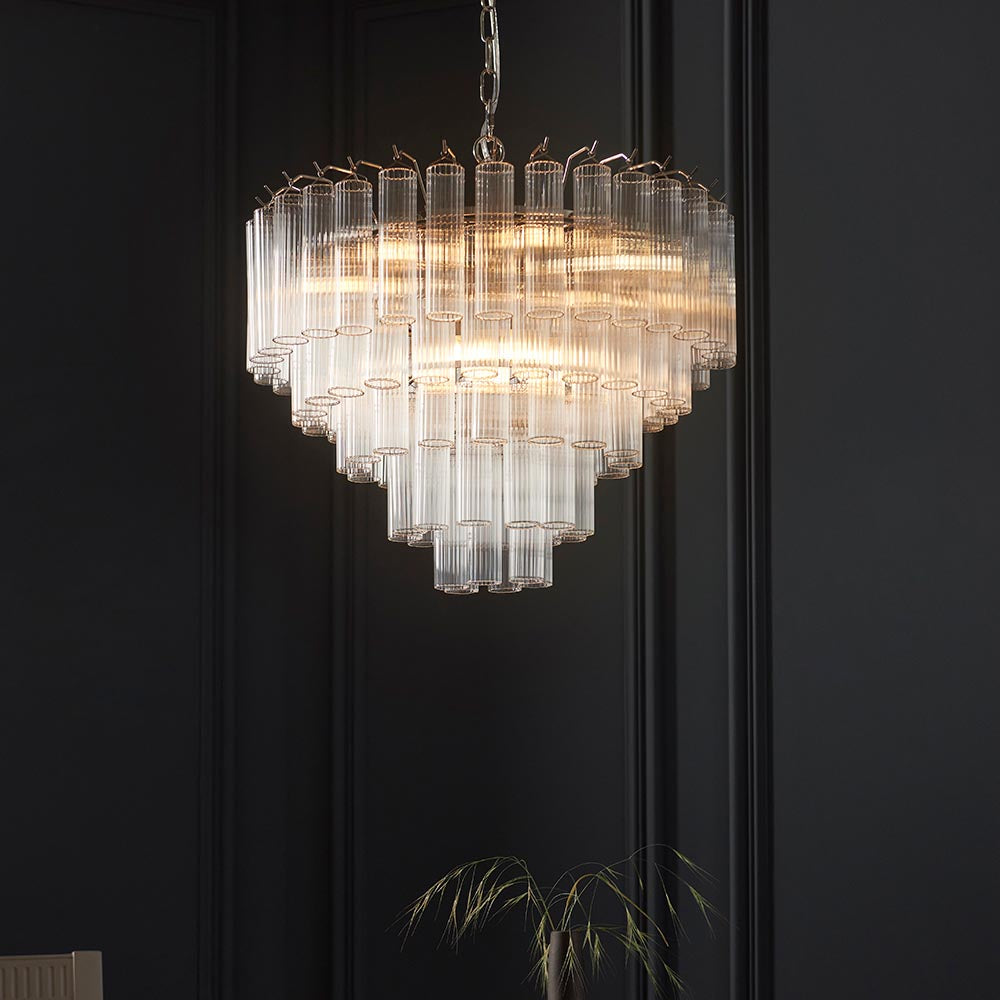 Toulouse 12lt Tiered Tubular Glass Chandelier with Ribbed Straight Clear Cylindrical Glass.