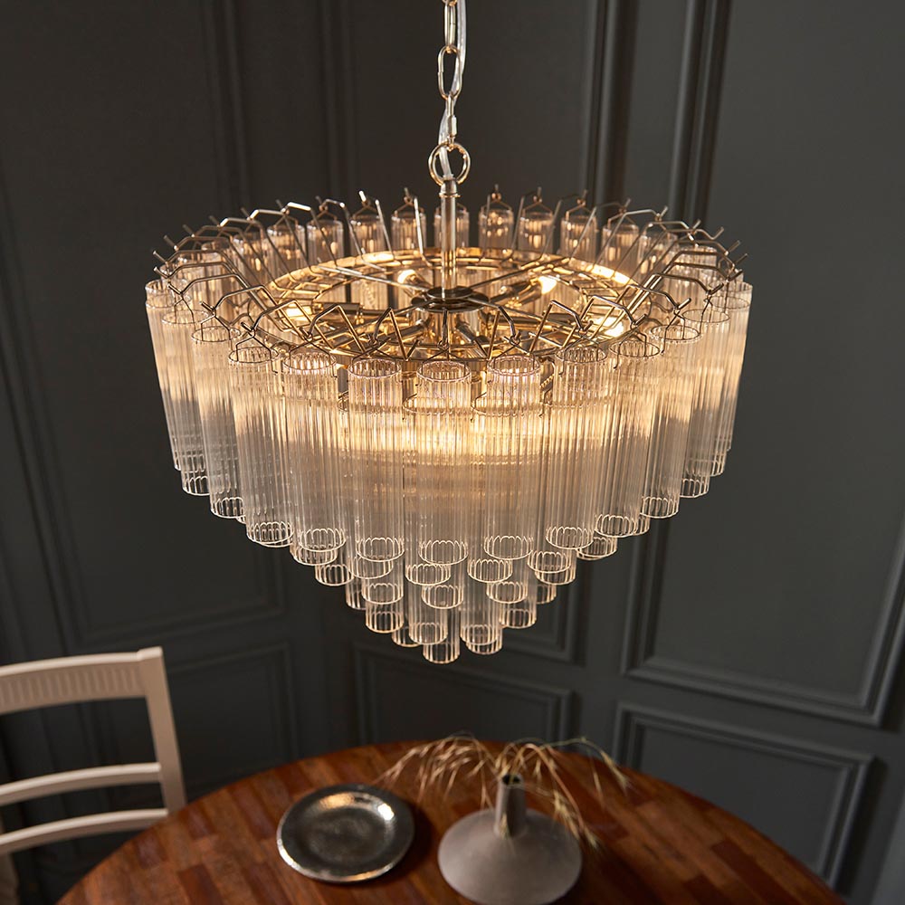 Toulouse 12lt Tiered Tubular Glass Chandelier with Ribbed Straight Clear Cylindrical Glass.