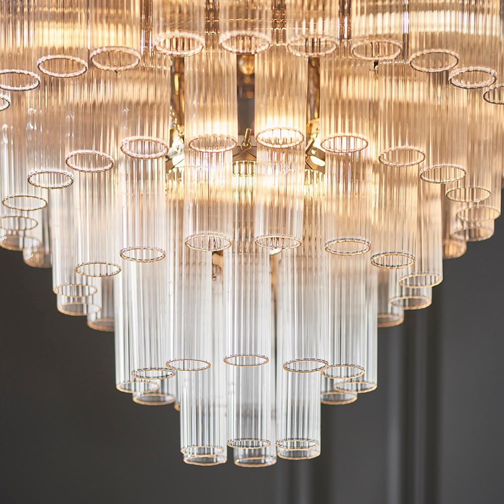 Toulouse 12lt Tiered Tubular Glass Chandelier with Ribbed Straight Clear Cylindrical Glass.