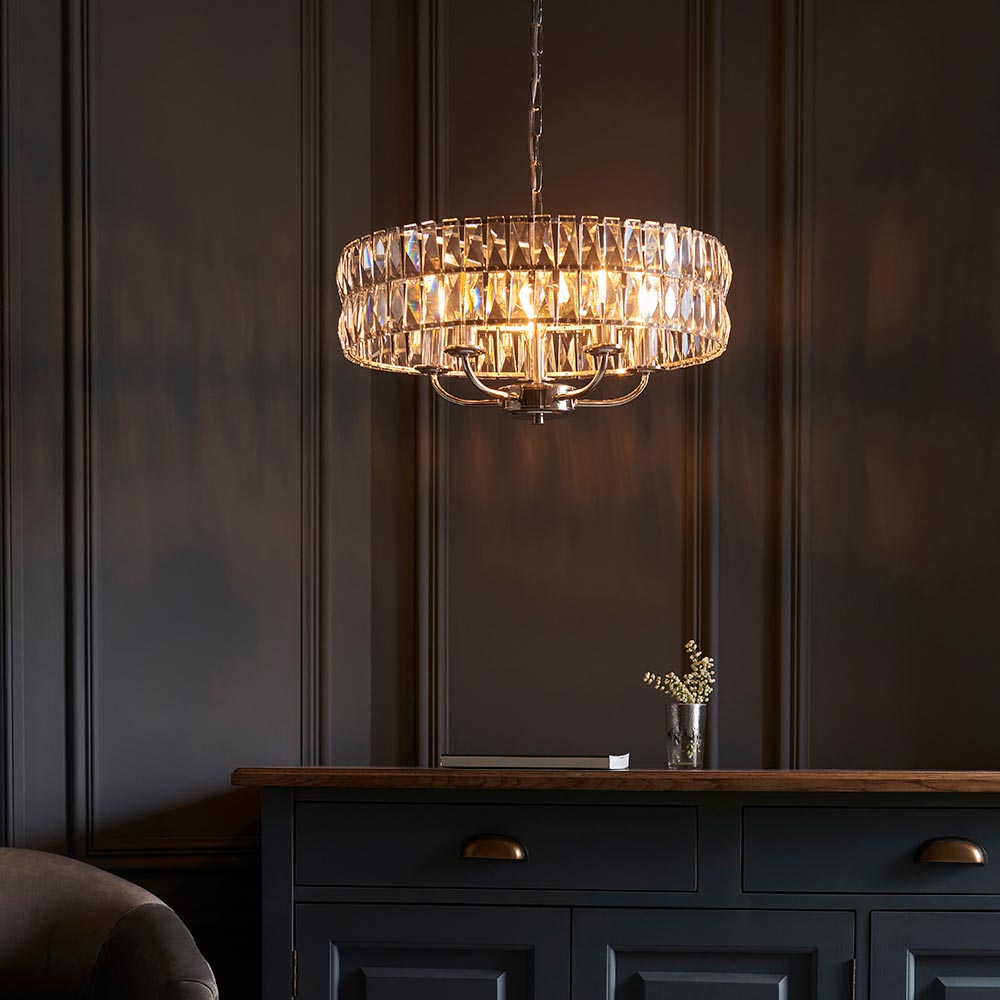 Endon Clifton 5 Light Ceiling Light in Antique Brass or Chrome with Glass Panels (END/104467)