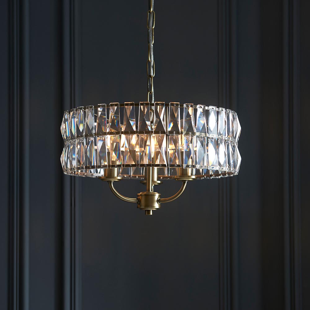 Endon Clifton 3 Light Ceiling Light in Antique Brass or Chrome with Glass Panels (END/104466)