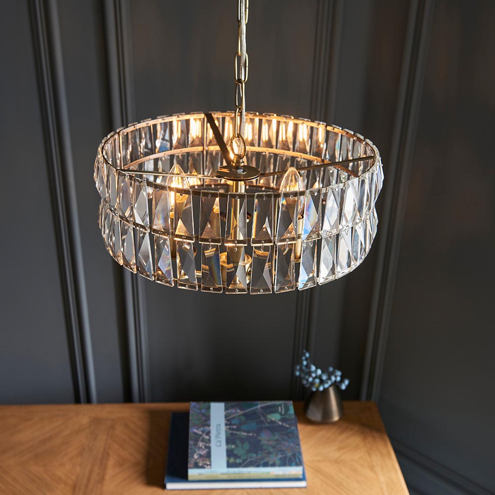 Endon Clifton 3 Light Ceiling Light in Antique Brass or Chrome with Glass Panels (END/104466)