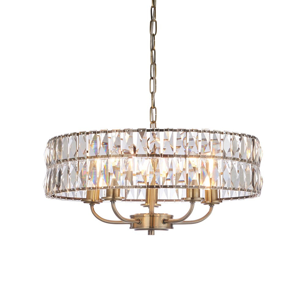 Endon Clifton 5 Light Ceiling Light in Antique Brass or Chrome with Glass Panels (END/104467)
