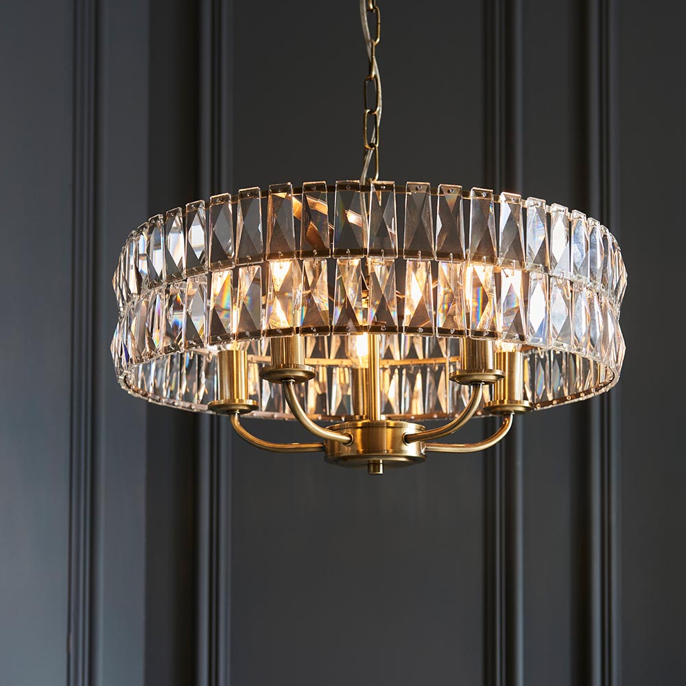 Endon Clifton 5 Light Ceiling Light in Antique Brass or Chrome with Glass Panels (END/104467)