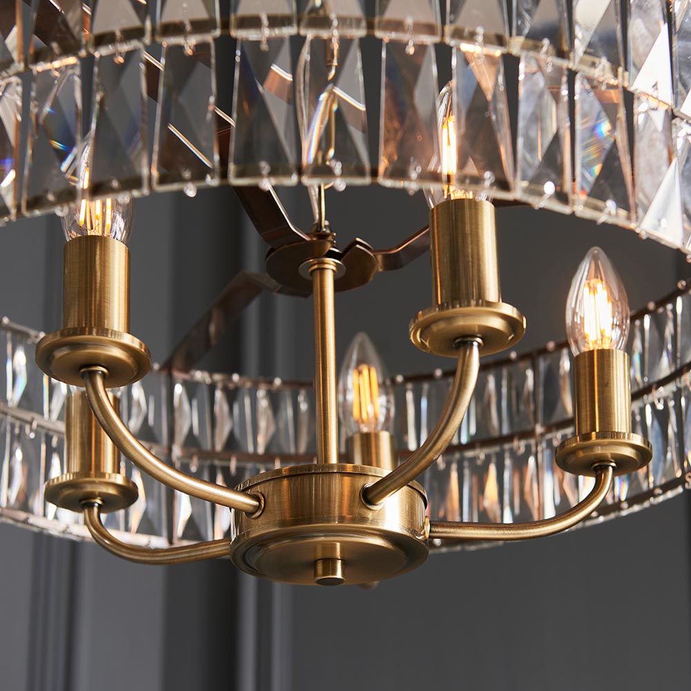 Endon Clifton 5 Light Ceiling Light in Antique Brass or Chrome with Glass Panels (END/104467)