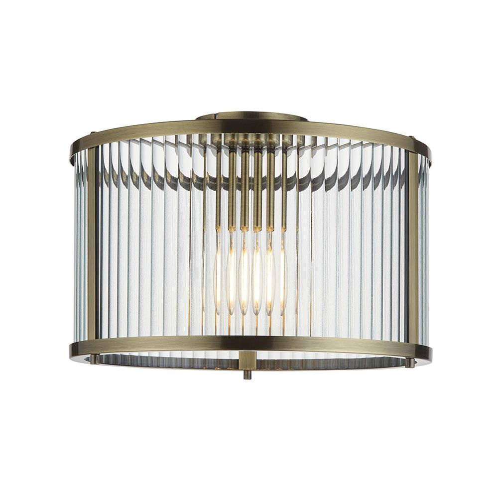 Ridgeton Flush Ceiling Light With Antique Brass Framework and Ribbed Glass Panel Shade, 1x E27