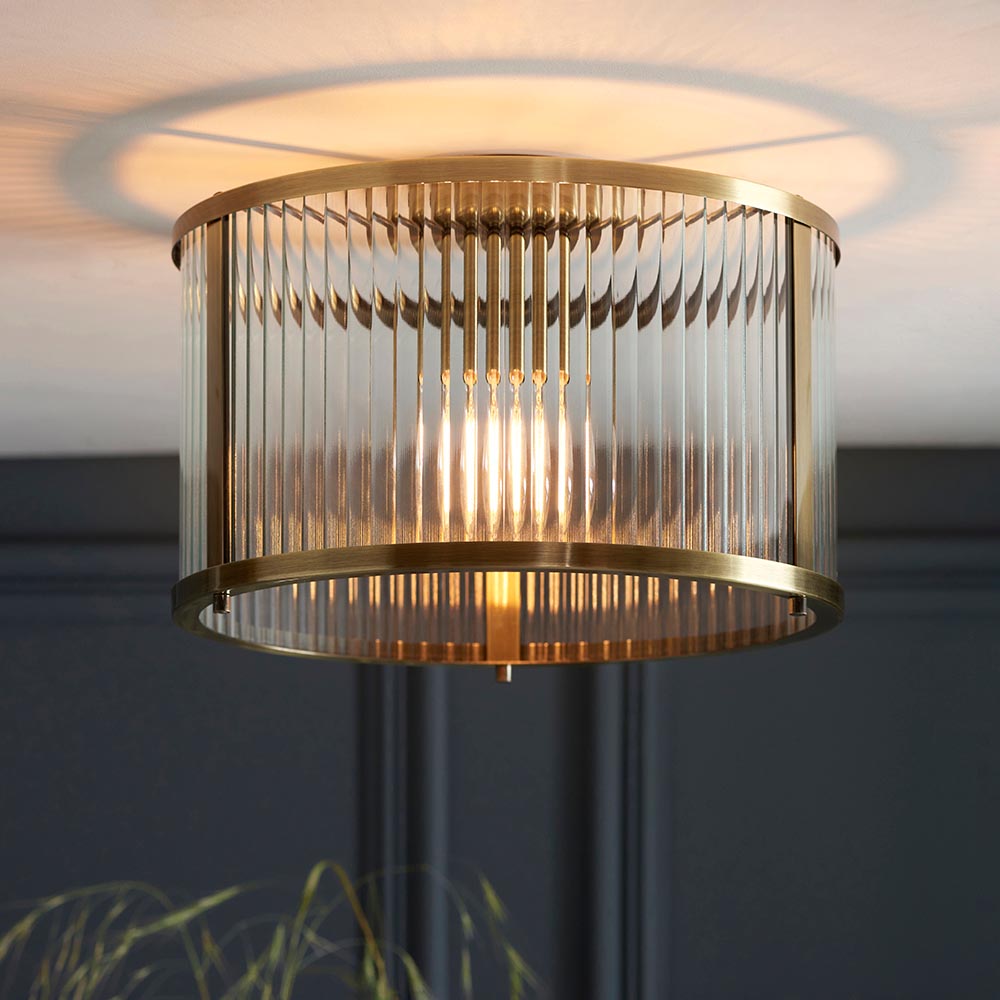 Ridgeton Flush Ceiling Light With Antique Brass Framework and Ribbed Glass Panel Shade, 1x E27