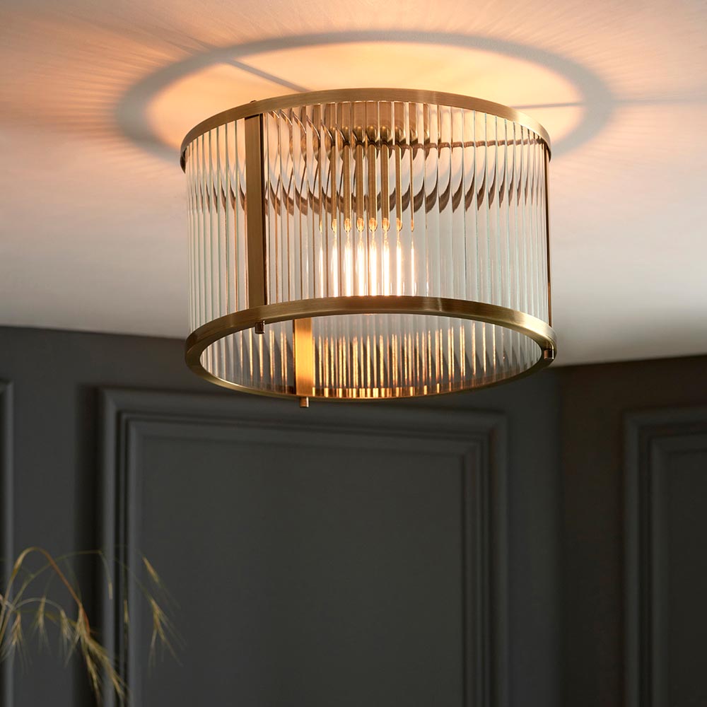 Ridgeton Flush Ceiling Light With Antique Brass Framework and Ribbed Glass Panel Shade, 1x E27