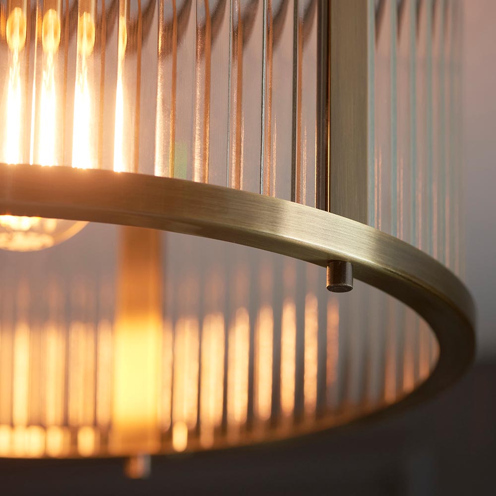 Ridgeton Flush Ceiling Light With Antique Brass Framework and Ribbed Glass Panel Shade, 1x E27