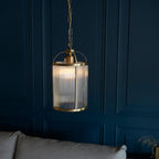 Lambeth Ceiling Light Pendant Lantern With Antique Brass Framework and Ribbed Glass Panel Shade, 1x E27