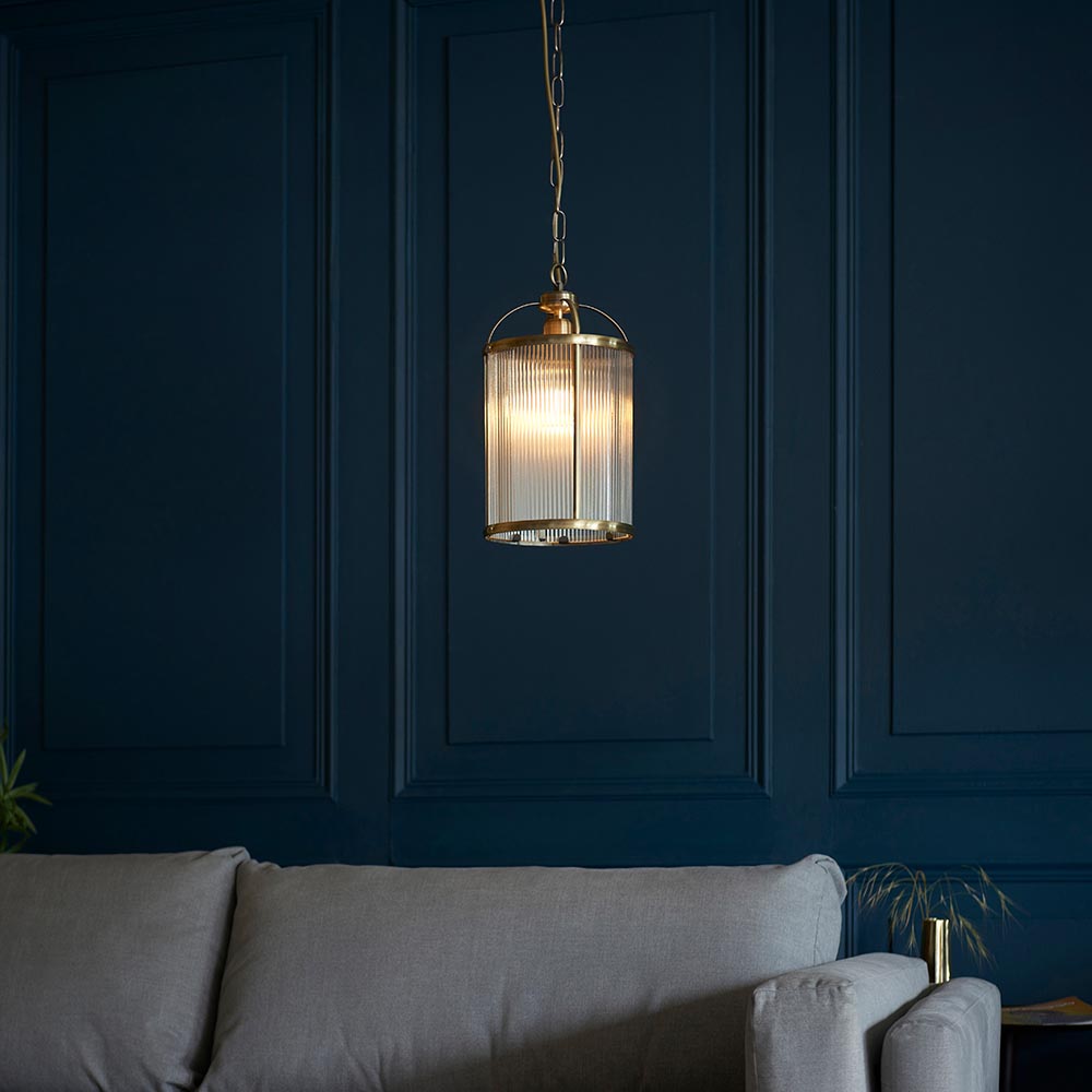 Lambeth Ceiling Light Pendant Lantern With Antique Brass Framework and Ribbed Glass Panel Shade, 1x E27