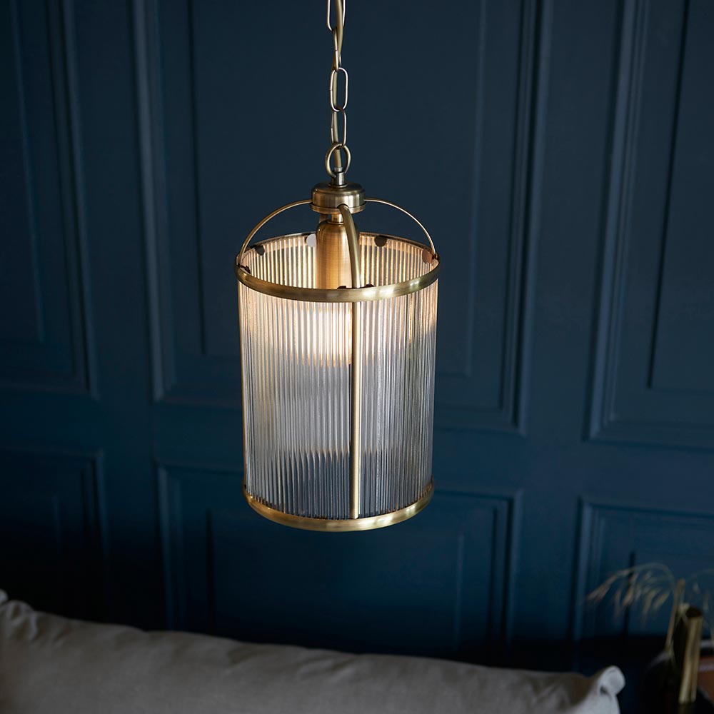 Lambeth Ceiling Light Pendant Lantern With Antique Brass Framework and Ribbed Glass Panel Shade, 1x E27