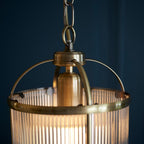 Lambeth Ceiling Light Pendant Lantern With Antique Brass Framework and Ribbed Glass Panel Shade, 1x E27