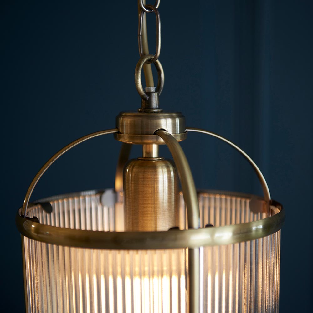 Lambeth Ceiling Light Pendant Lantern With Antique Brass Framework and Ribbed Glass Panel Shade, 1x E27