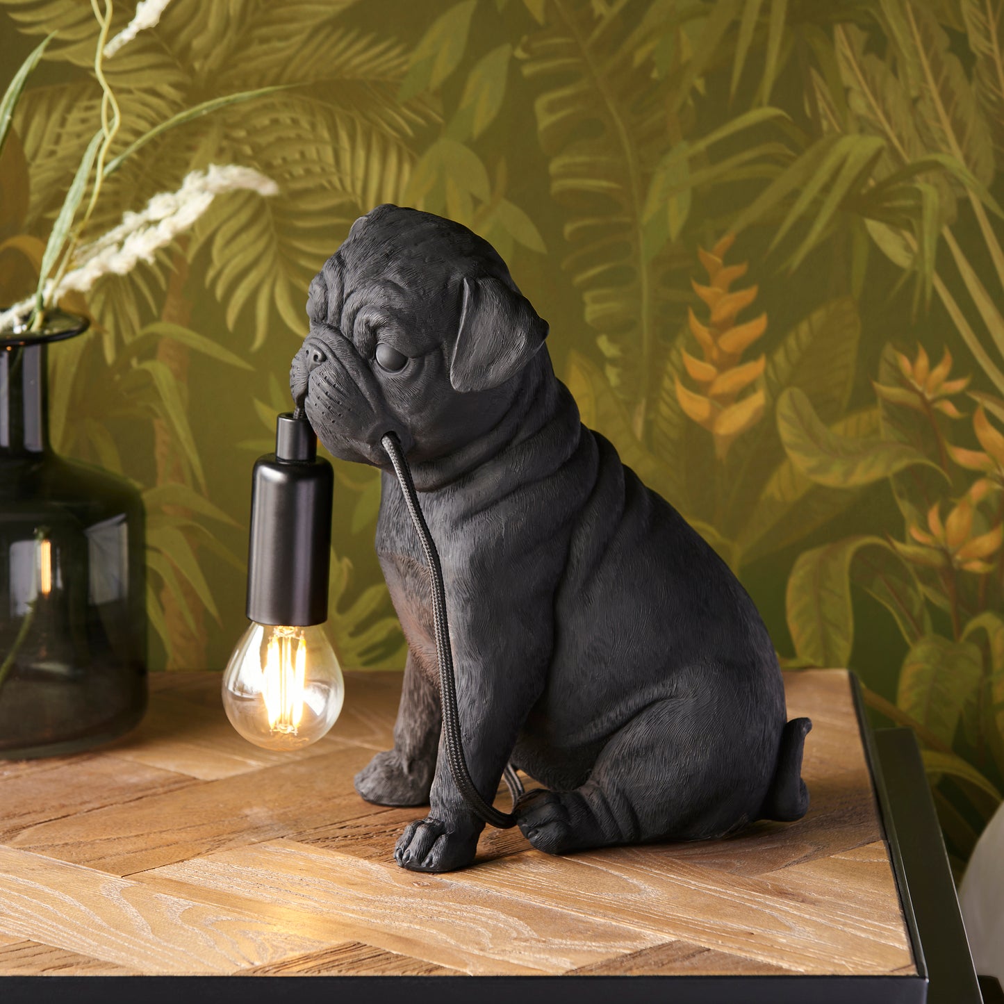 Pug Sculpture Table Lamp With Braided Cable and E14 Lamp holder (ENDON 107324 / 107325)