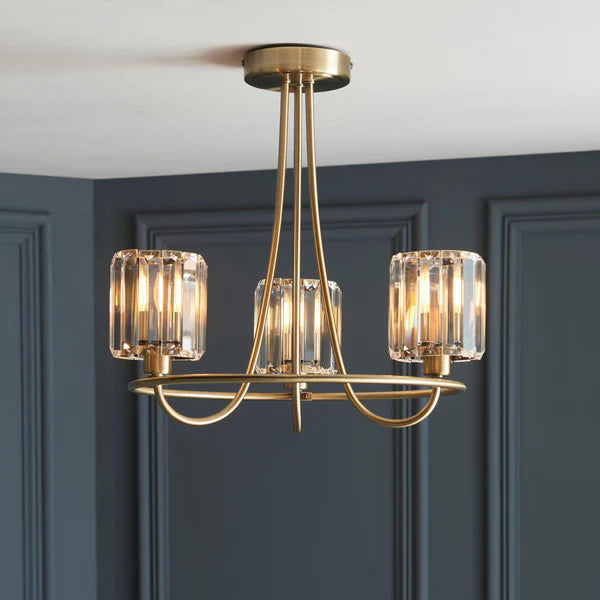 Endon Berenice 3 Light Semi Flush Ceiling Light in Antique Brass or Chrome with Clear Glass (END/107801)