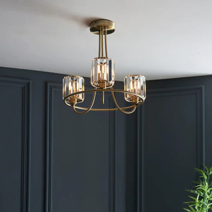 Endon Berenice 3 Light Semi Flush Ceiling Light in Antique Brass or Chrome with Clear Glass (END/107801)