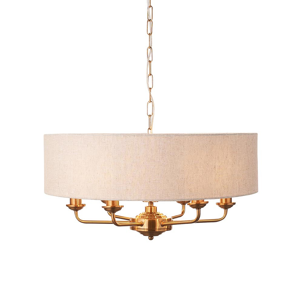 Highclere Armed 6 Light Pendant in Vintage Brass with a Surrounding Natural Linen Shade, 6x E14