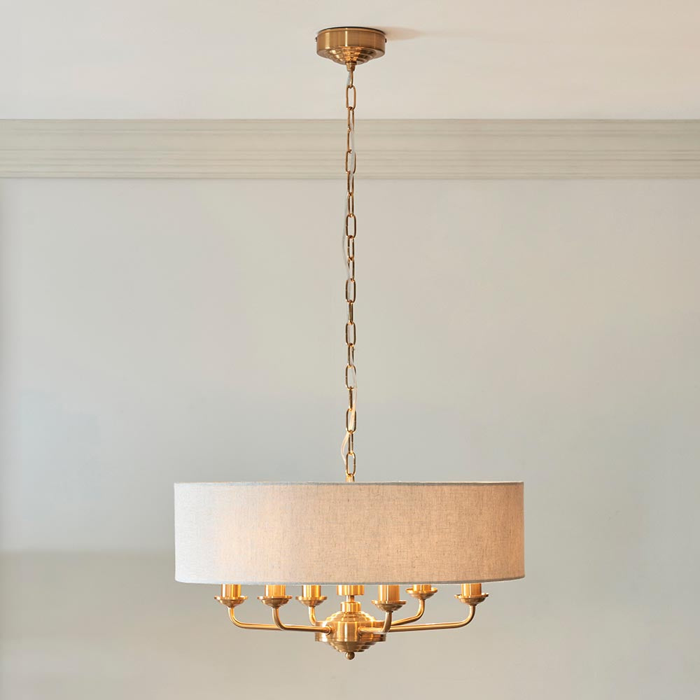 Highclere Armed 6 Light Pendant in Vintage Brass with a Surrounding Natural Linen Shade, 6x E14
