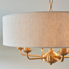 Highclere Armed 6 Light Pendant in Vintage Brass with a Surrounding Natural Linen Shade, 6x E14