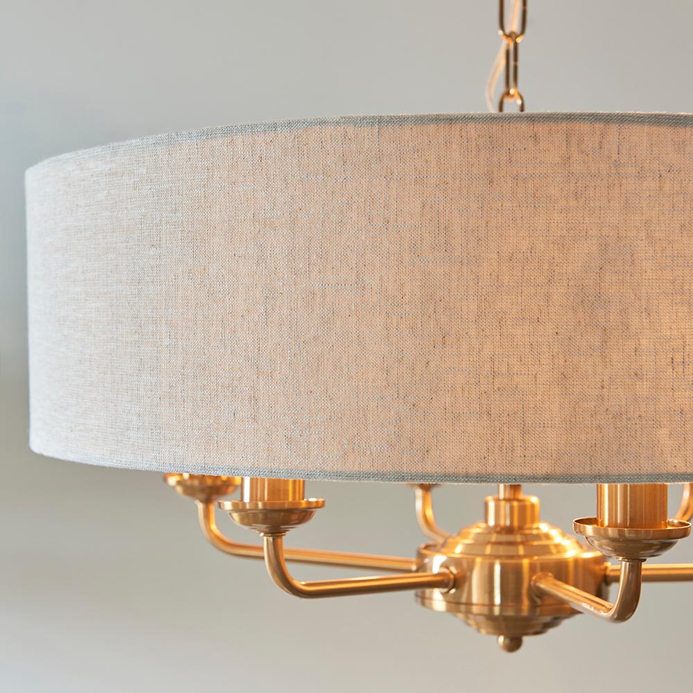 Highclere Armed 6 Light Pendant in Vintage Brass with a Surrounding Natural Linen Shade, 6x E14