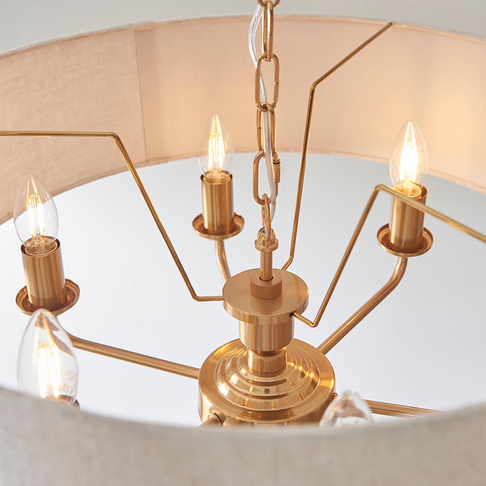 Highclere Armed 6 Light Pendant in Vintage Brass with a Surrounding Natural Linen Shade, 6x E14