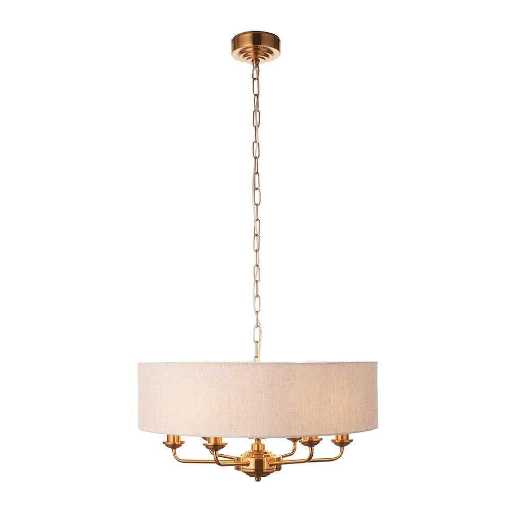Highclere Armed 6 Light Pendant in Vintage Brass with a Surrounding Natural Linen Shade, 6x E14
