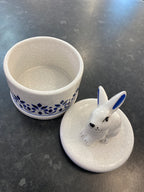 White Glazed Rabbit Trinket Box with Blue Painted Details
