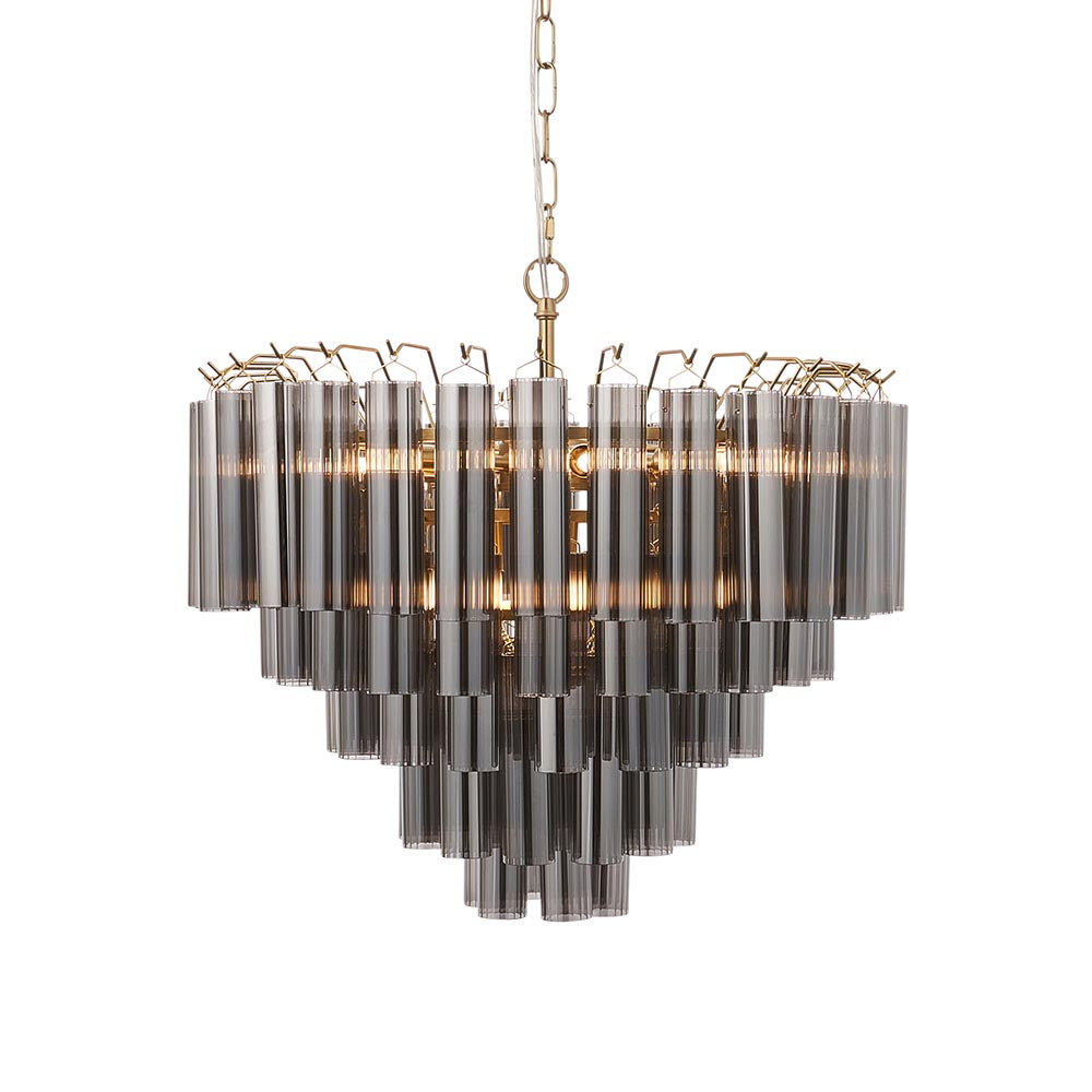 Toulouse 12lt Tiered Tubular Glass Chandelier with Ribbed Straight Clear Cylindrical Glass.