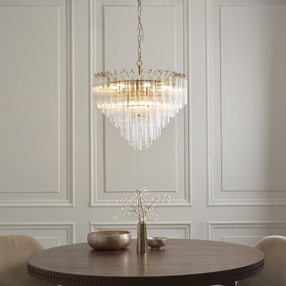 Toulouse 12lt Tiered Tubular Glass Chandelier with Ribbed Angled Clear Cylindrical Glass.
