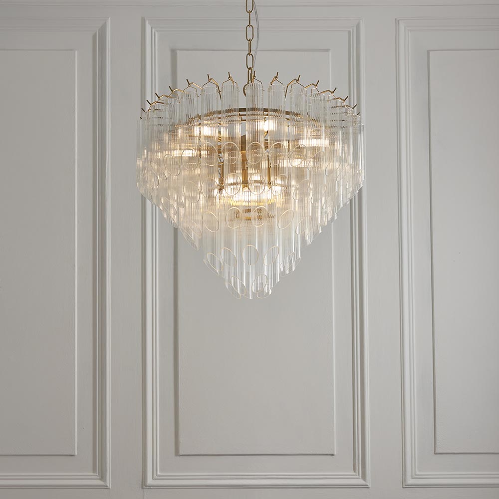 Toulouse 12lt Tiered Tubular Glass Chandelier with Ribbed Angled Clear Cylindrical Glass.