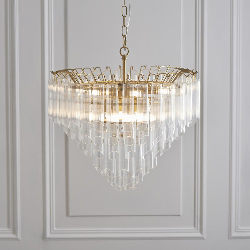 Toulouse 12lt Tiered Tubular Glass Chandelier with Ribbed Angled Clear Cylindrical Glass.