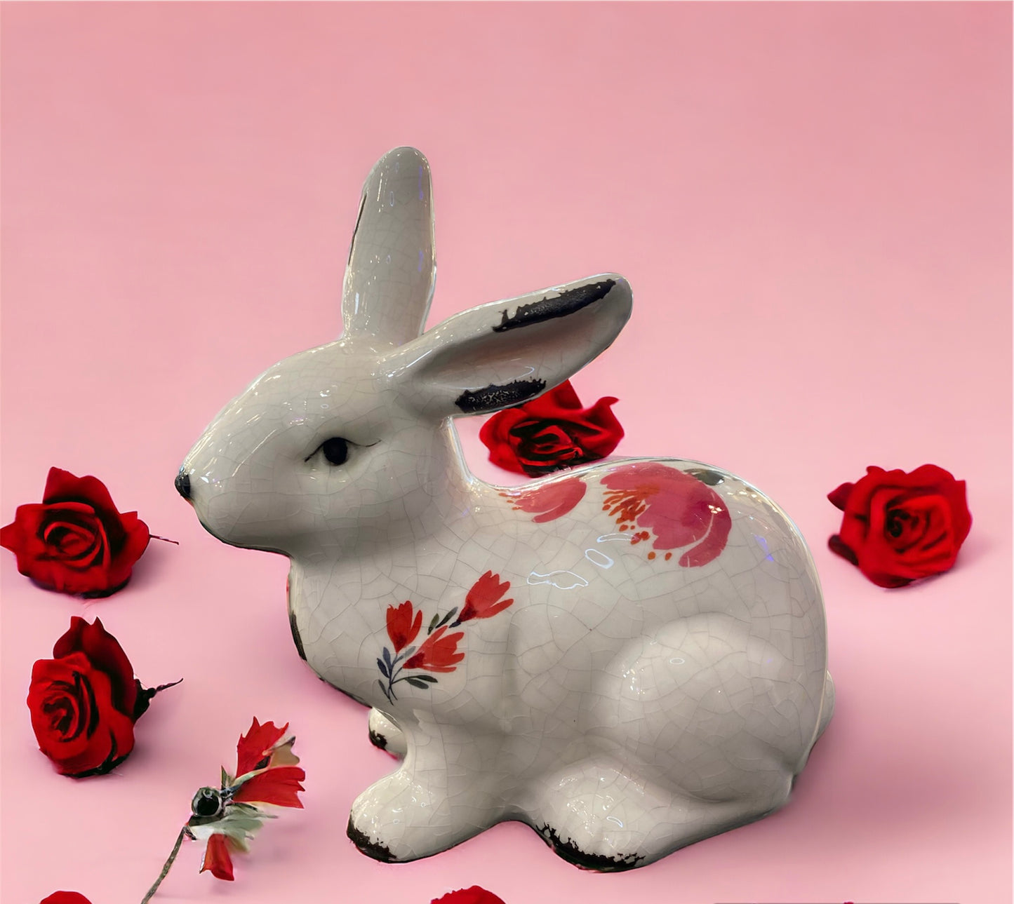 White Glazed Bunny Rabbit with painted flowers