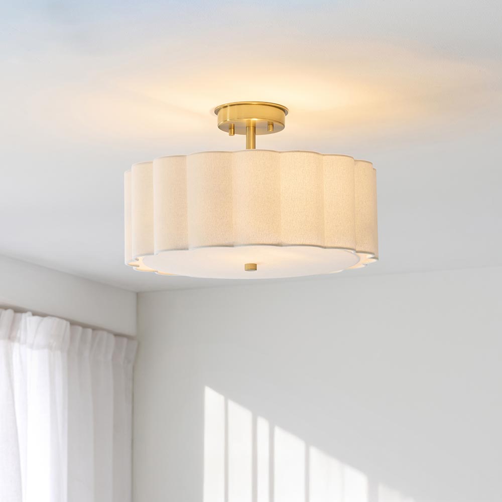 Serene Art Deco Style 2 Light Semi Flush Fitting with Cotton Shade and Fabric Diffuser
