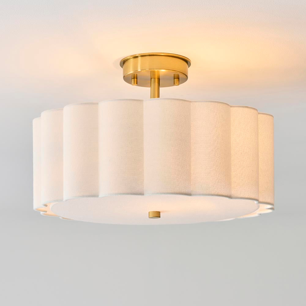 Serene Art Deco Style 2 Light Semi Flush Fitting with Cotton Shade and Fabric Diffuser