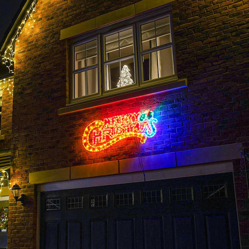 Connect Pro - 1.45m Outdoor Merry Christmas Tinsel Silhouette, 85 Multi Colour LEDs - Luminosity Designs Ltd
