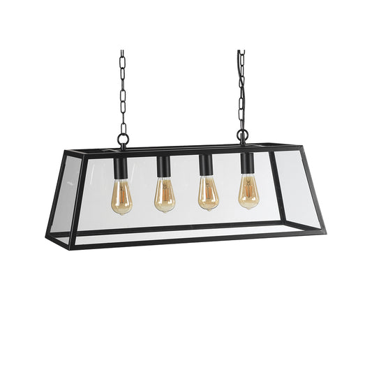 Riga 4 Light Bar Pendant with Metal Framework and Clear Glass Panels