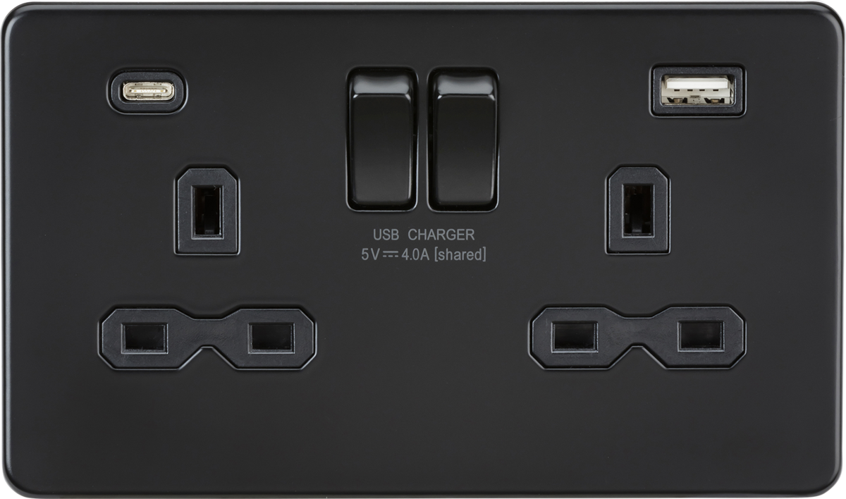 Matt Black Flat Plate 2g Screwless 13A Switched Socket with Dual USB A+C (5V DC 4.0A shared)