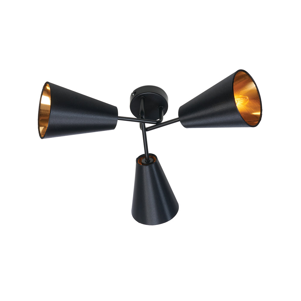 Taza 3 Light Black and Gold Semi-Flush Cone Light