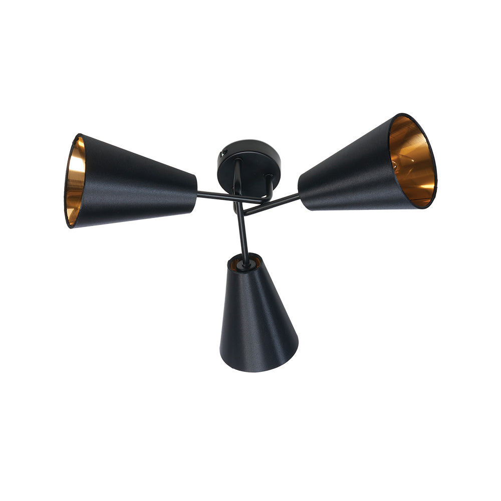 Taza 3 Light Black and Gold Semi-Flush Cone Light