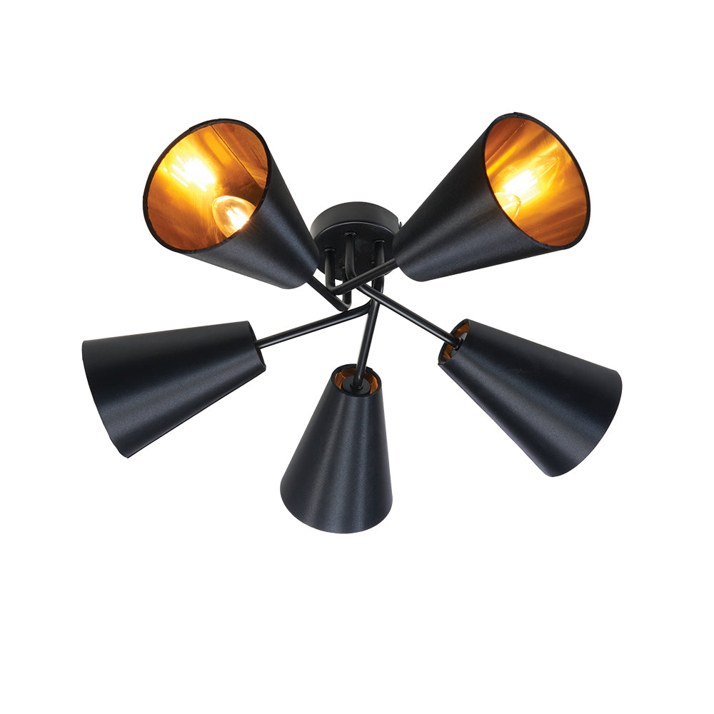 Taza 5 Light Black and Gold Semi-Flush Cone Light