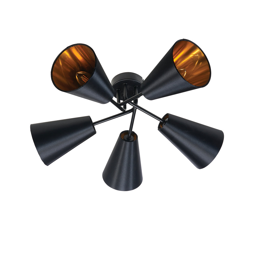 Taza 5 Light Black and Gold Semi-Flush Cone Light