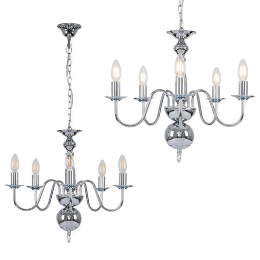 Gothica 5 Way Chromed Ceiling Light with Curved Arms, Chain Fixing, 5x E14 (24073)