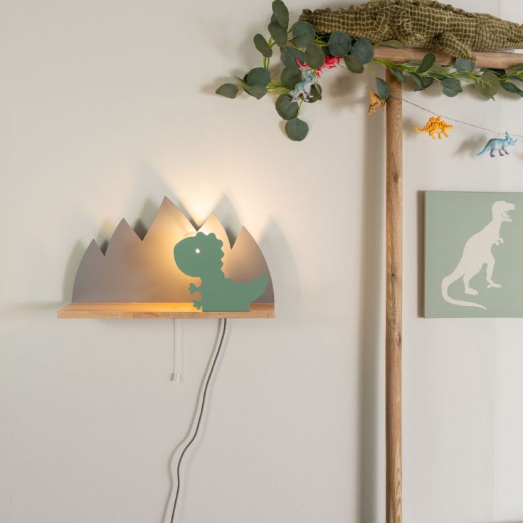 Green and White Dinosaur Plug-In Shelf Wall Light With Pull Switch