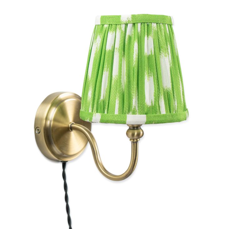 Neely Antique Brass Curved Plug In Wall Light with Green Pleated Shade