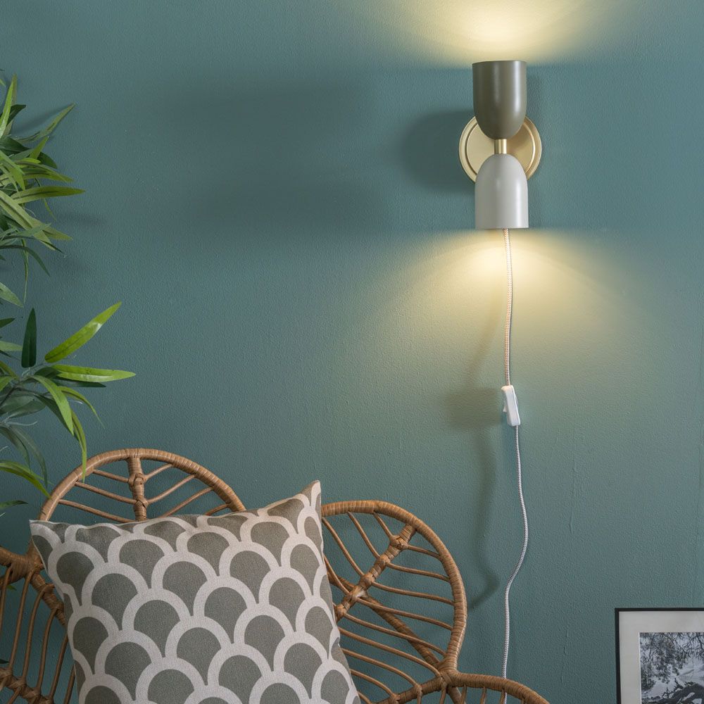 Tate Up Down Plug In Wall Light with Khaki and Cream Shades