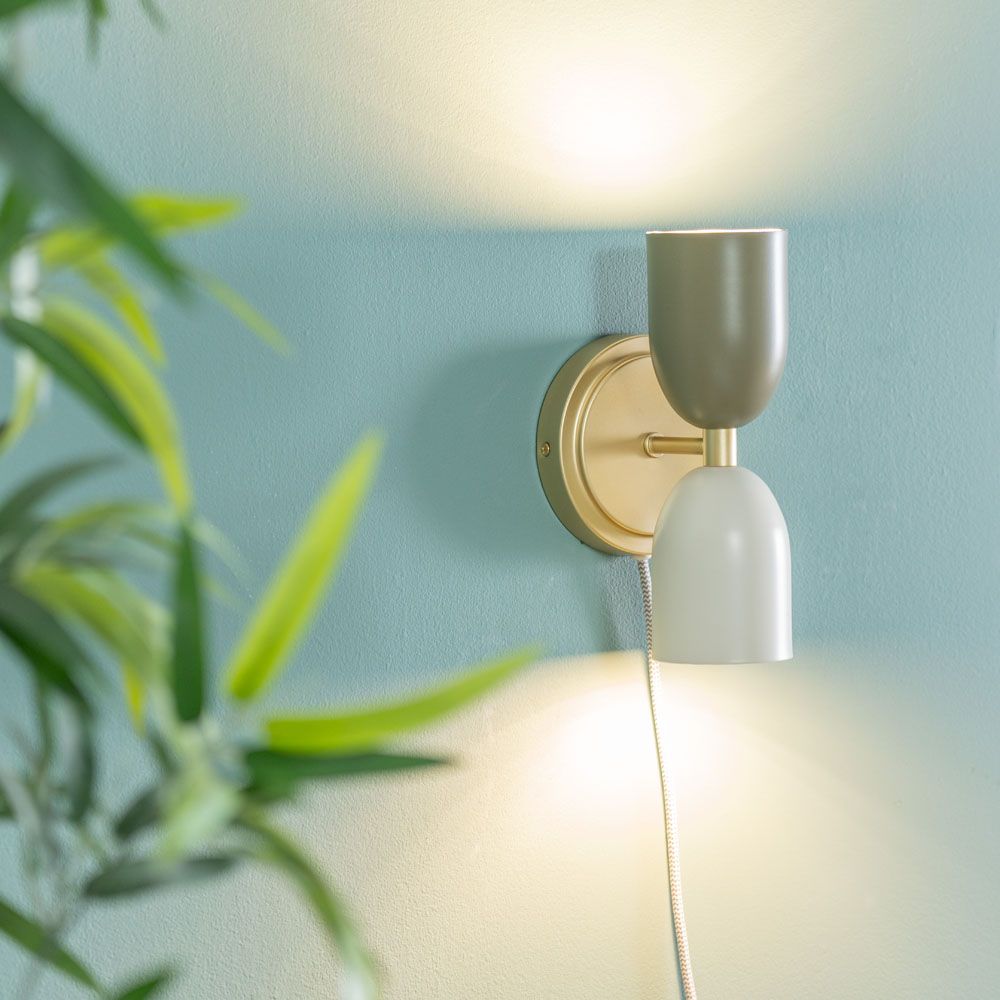 Tate Up Down Plug In Wall Light with Khaki and Cream Shades