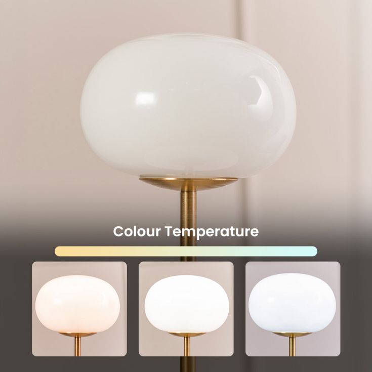 Emmy Rechargeable LED Table Lamp in Antique Brass With Opal Glass Bubble Shade.